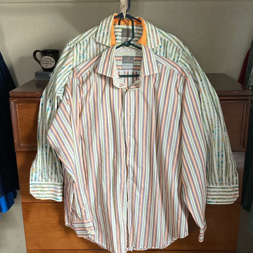 2 Thomas Dean White and Blue Striped Dress Shirts
